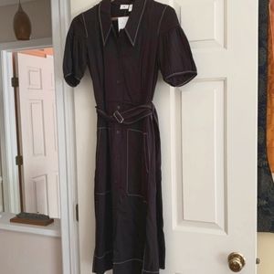 ISO H&M black button midi dress puff sleeve and white contrast stitching